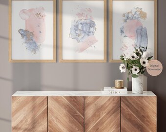 Impresiones abstractas en rosa ruborizado, gris azulado y dorado, arte en tonos pastel rosa suave, arte de pared minimalista, juego de 3 impresiones de arte de pared, acuarela elegante