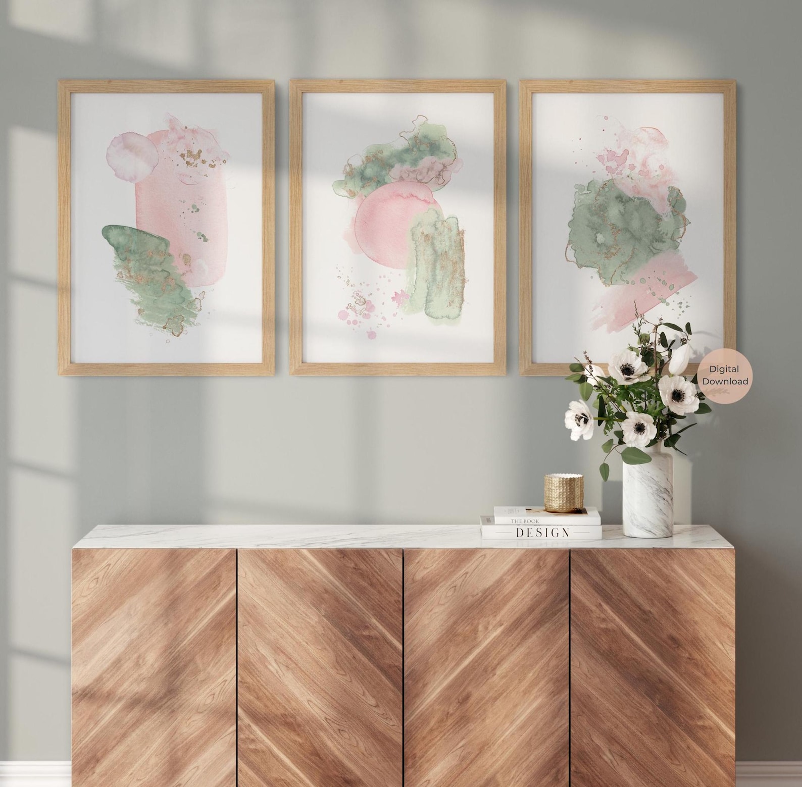 Sage Green and Pink Abstract Wall Art, Set of 3, Blush Pink and Gold ...