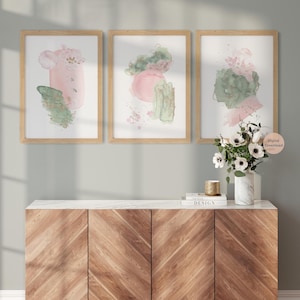 Sage Green and Pink Abstract Wall Art, Set of 3, Blush Pink and Gold, Printable Wall Art, Abstract Watercolour Prints, Minimalist Wall Art
