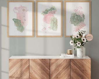 Arte de pared abstracto en verde salvia y rosa, juego de 3, rosa ruborizado y dorado, arte de pared imprimible, impresiones abstractas de acuarela, arte de pared minimalista