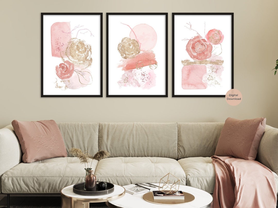 Floral Blush Pink and Gold Abstract Prints, Set of 3, Modern Wall Art ...