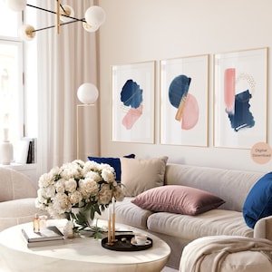 Navy Blue Blush Pink Gold Geometric Abstract Prints, Minimalistic Blue Pink Watercolour Print, Printable Wall Art, Set of 3, Modern Abstract
