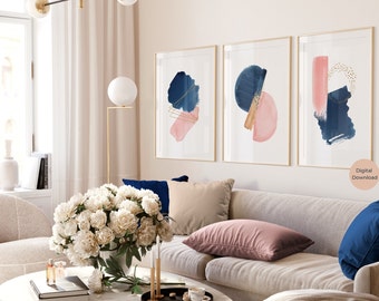 Navy Blue Blush Pink Gold Geometric Abstract Prints, Minimalistic Blue Pink Watercolour Print, Printable Wall Art, Set of 3, Modern Abstract