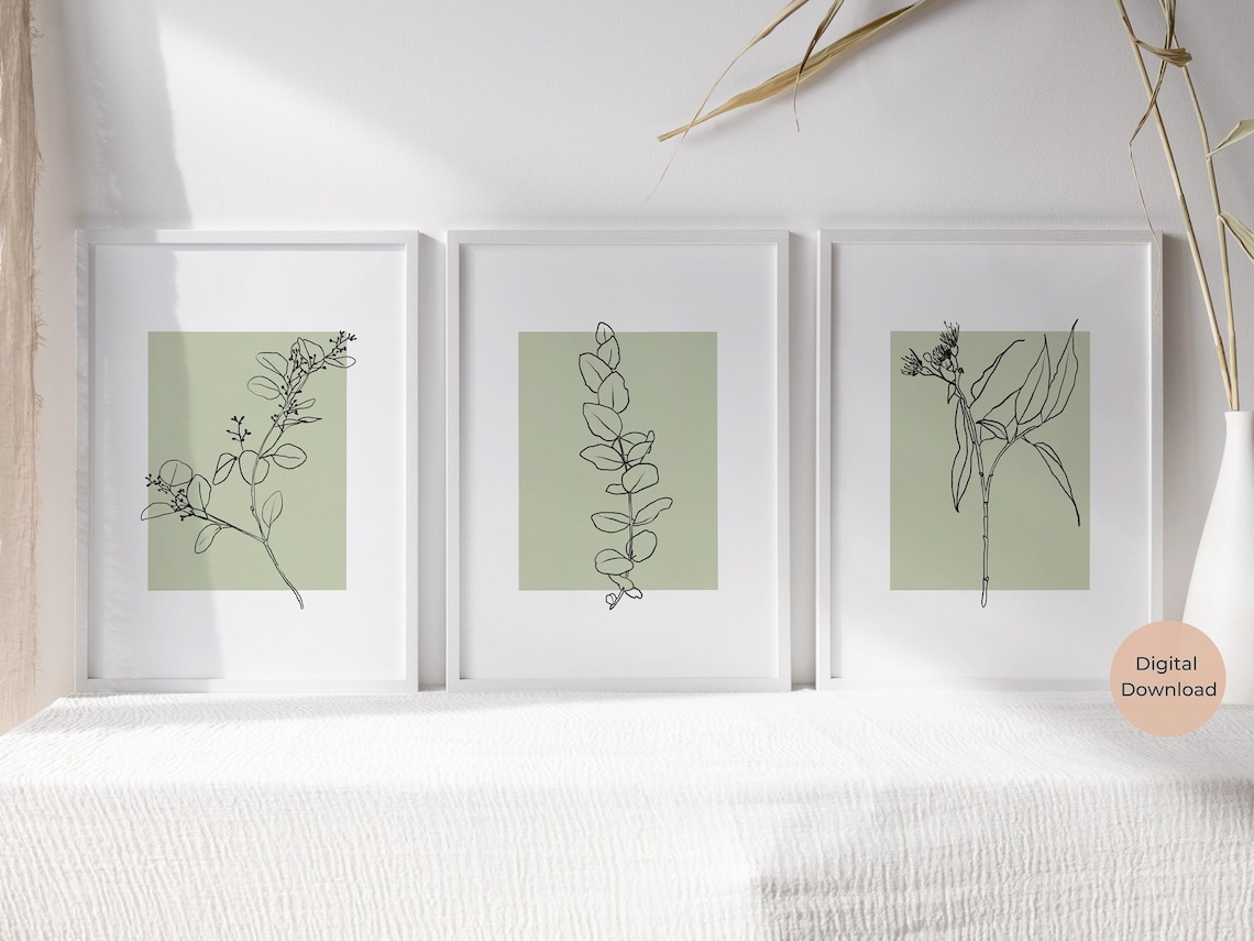 Sage Green Botanical Wall Art, Set of 3, Floral Line Art Print ...