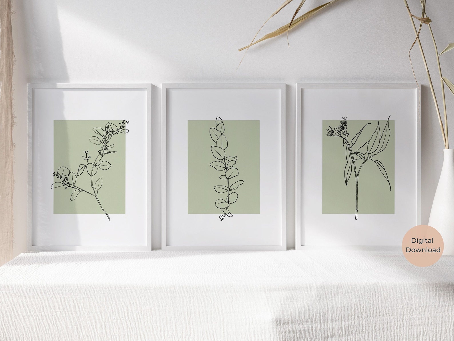 Sage Green Botanical Wall Art, Set of 3, Floral Line Art Print ...