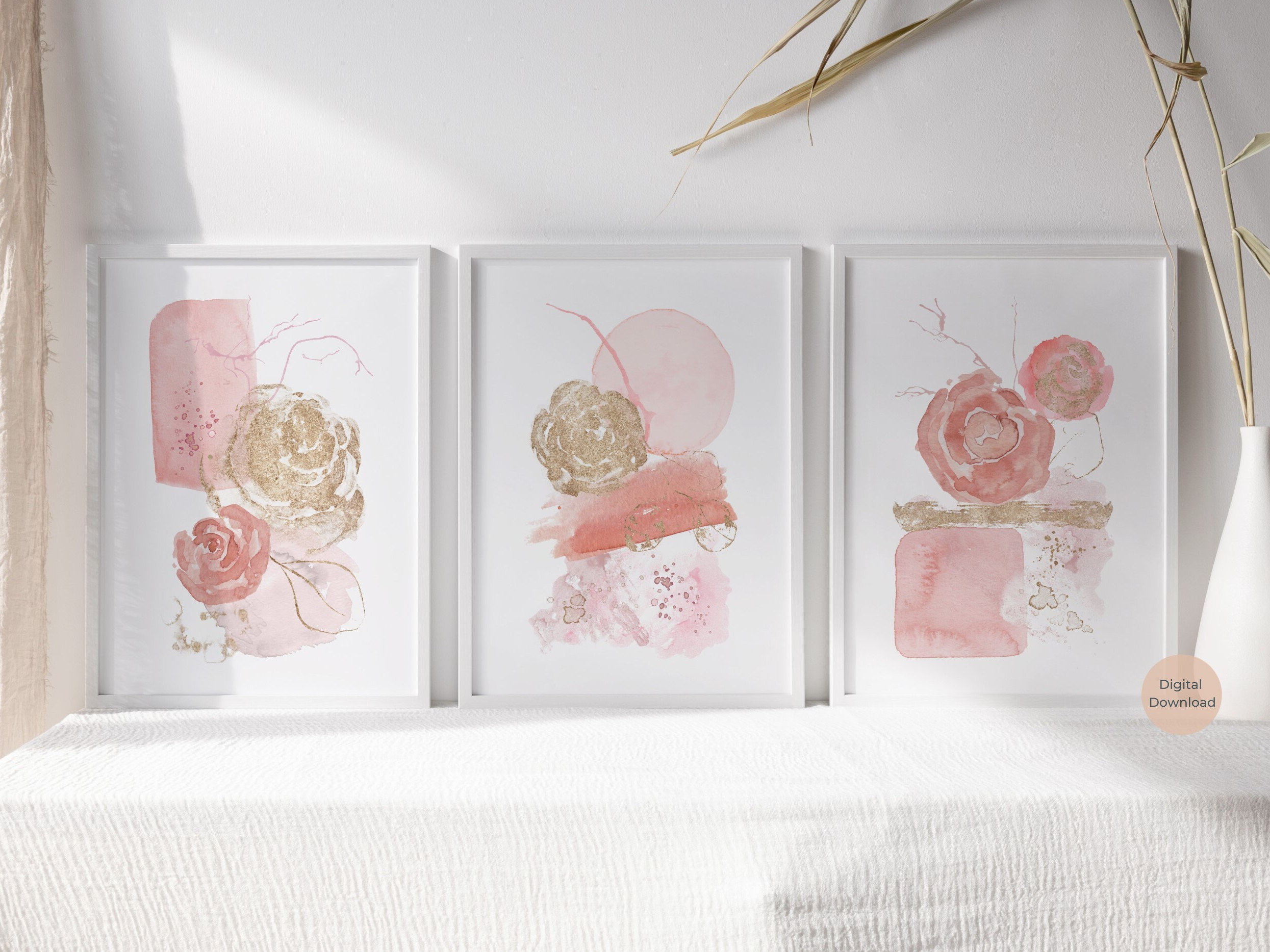 Floral Blush Pink and Gold Abstract Prints, Set of 3, Modern Wall Art ...