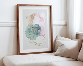 Arte de pared abstracto imprimible en verde salvia y rosa, decoración en rosa ruborizado y dorado, impresiones en verde neutro, arte de pared minimalista en rosa claro suave
