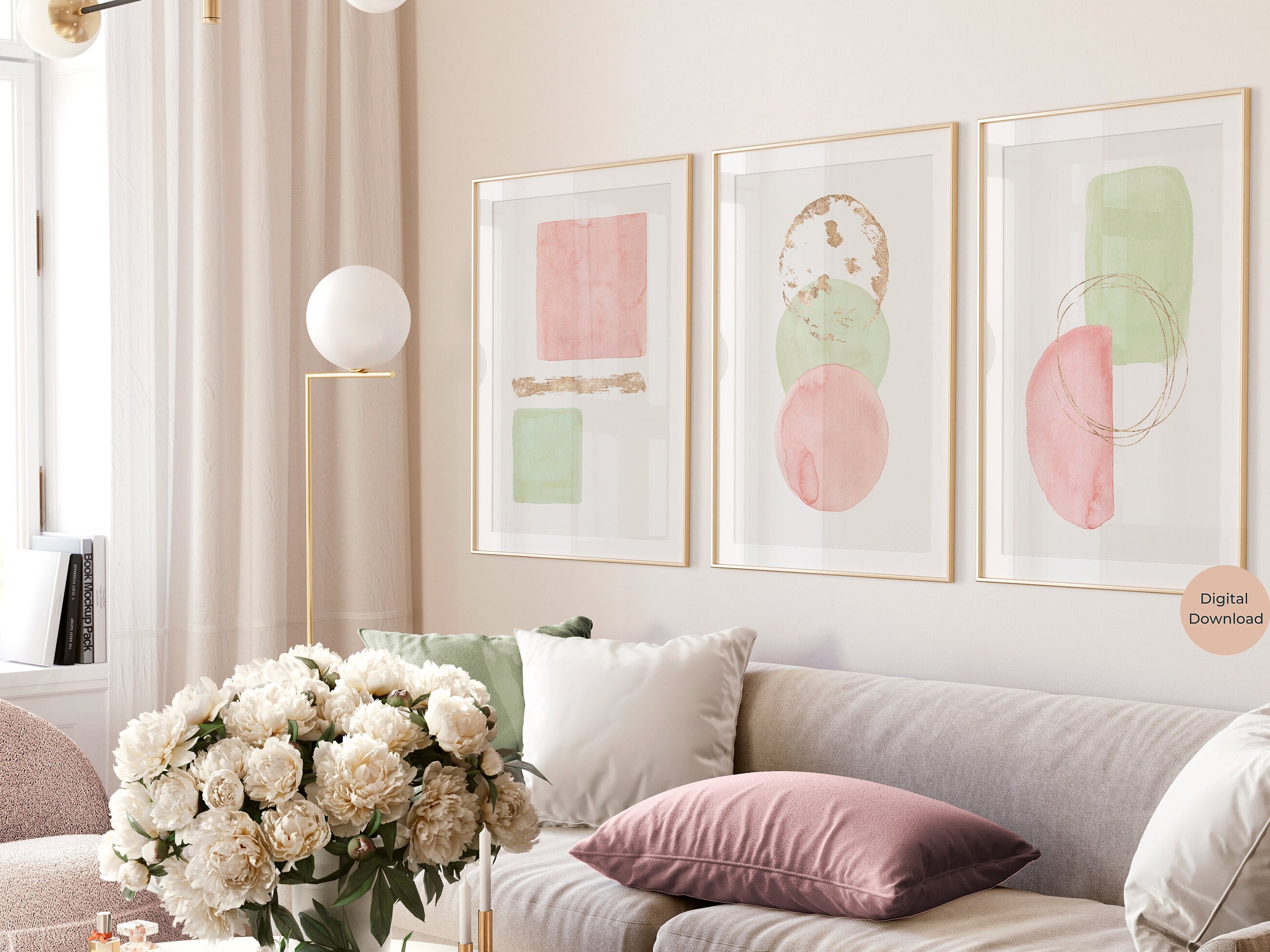 Sage Green, Blush Pink, Gold Abstract Wall Art on Neutral Background ...
