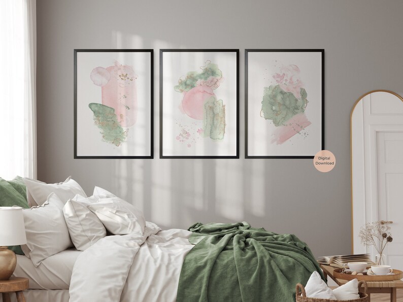 Sage Green and Pink Abstract Wall Art Set of 3 Blush Pink - Etsy