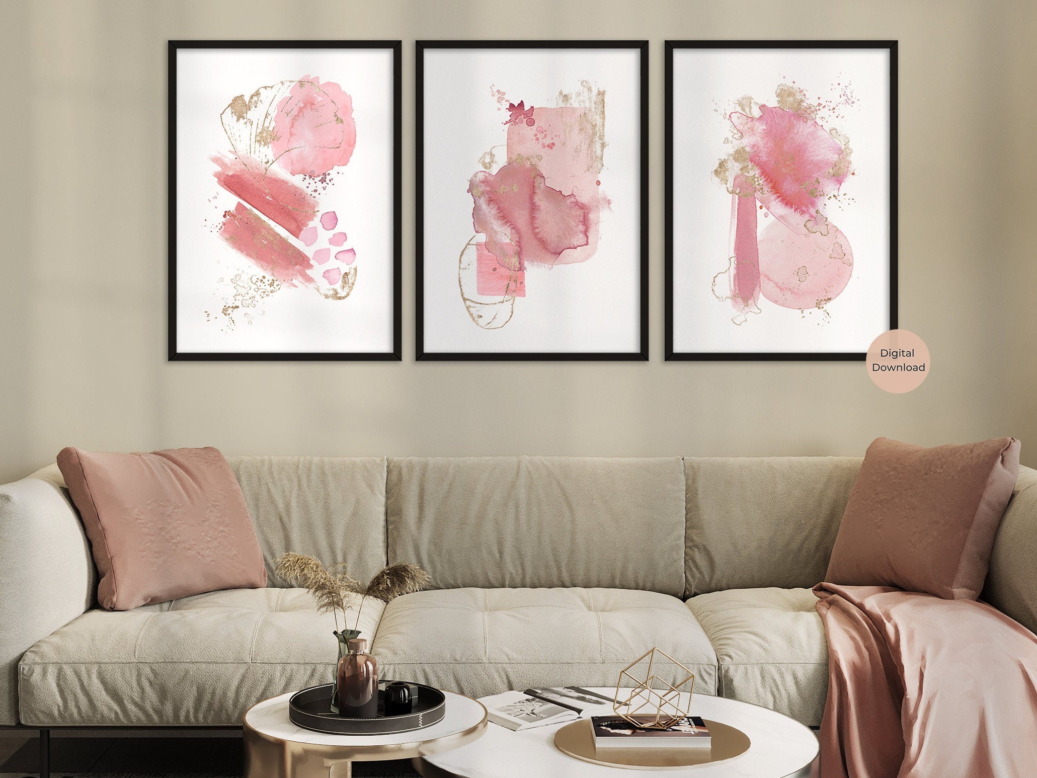 Blush Pink and Gold Abstract Prints Set of 3 Modern Abstract - Etsy