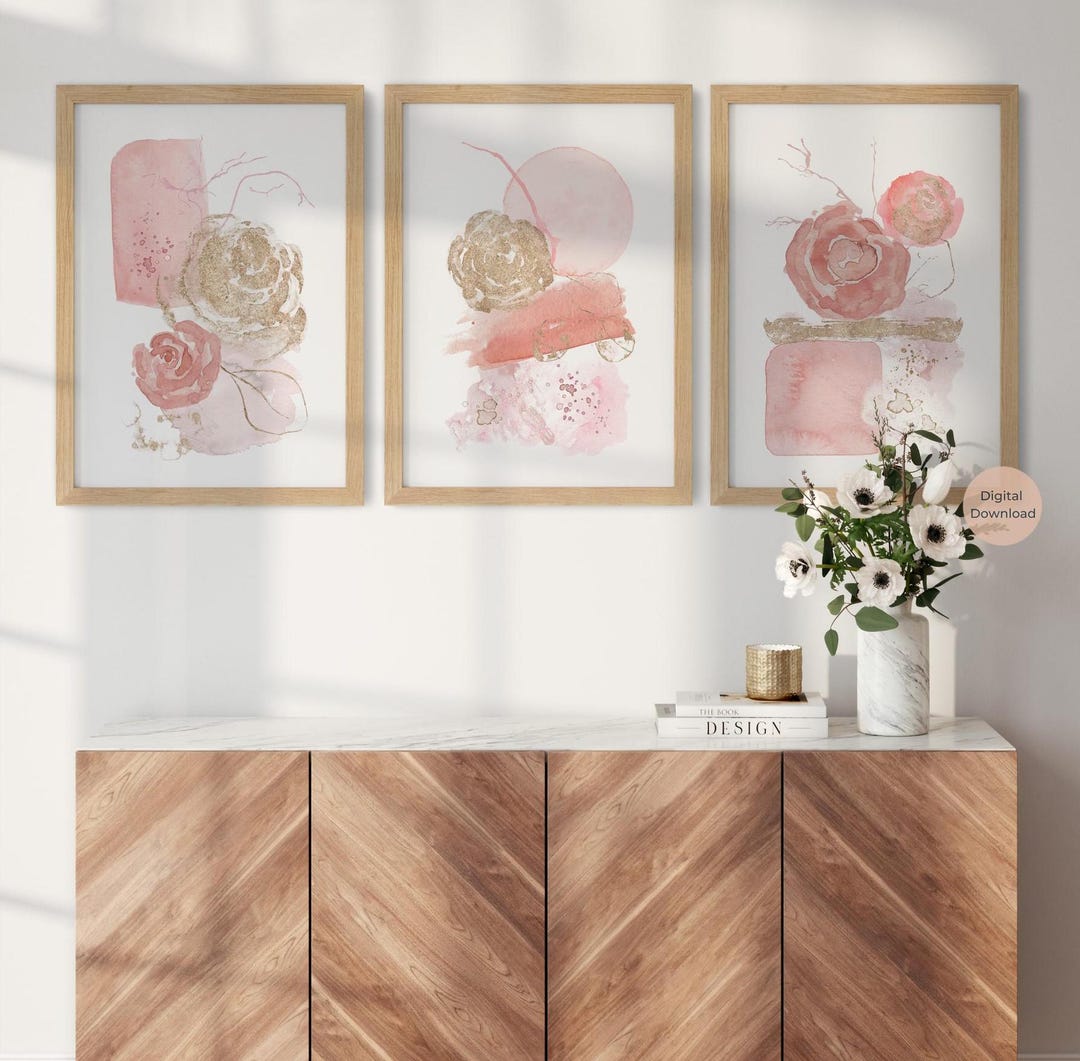 Floral Blush Pink and Gold Abstract Prints, Set of 3, Modern Wall Art ...
