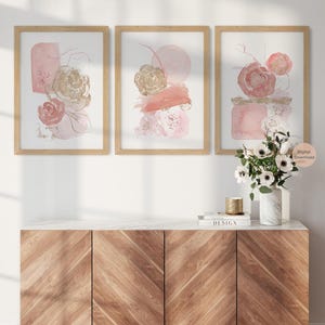 Floral Blush Pink and Gold Abstract Prints, Set of 3, Modern Wall Art, Dusty Pink Rose Prints, Botanical Printable Wall Art, Bedroom Decor