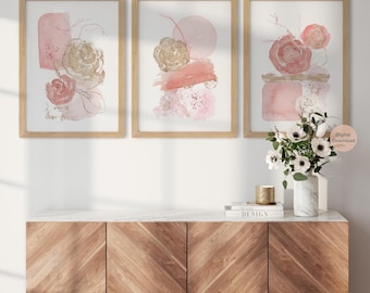 Floral Blush Pink and Gold Abstract Prints, Set of 3, Modern Wall Art, Dusty Pink Rose Prints, Botanical Printable Wall Art, Bedroom Decor