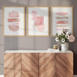Juego de 3 impresiones abstractas en rosa ruborizado y dorado, arte de pared minimalista, impresiones en oro rosa, arte de pared imprimible, impresiones geométricas, rosa polvoriento
