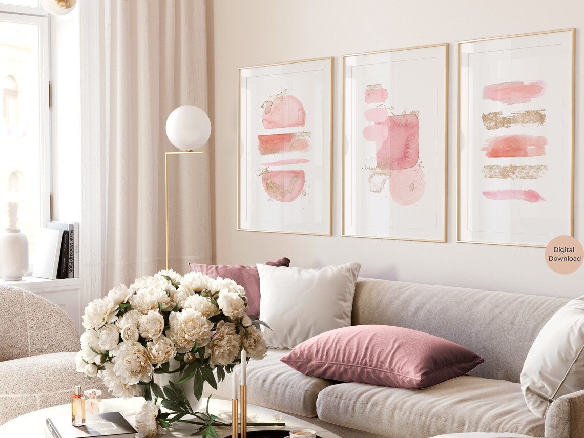 Blush Pink and Gold Abstract Prints Set of 3 Minimalistic - Etsy