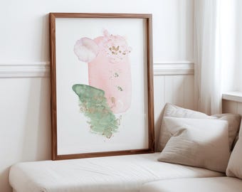 Arte de pared abstracto en verde salvia y rosa, rosa ruborizado y dorado, impresiones de acuarela abstractas, decoración de arte de pared minimalista, arte de pared imprimible n.º 1