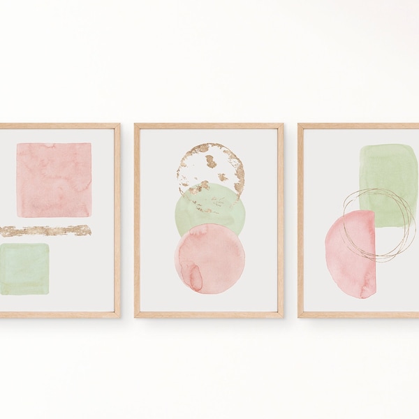 Sage Green, Blush Pink, Gold Abstract Wall Art on Neutral Background, Set of 3, Olive Green Rose Gold Printable Wall Art, Watercolour Prints