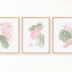 Sage Green and Pink Abstract Wall Art, Set of 3, Blush Pink and Gold ...
