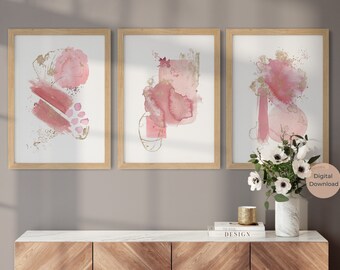 Blush Pink and Gold Abstract Prints, Set of 3, Minimalistic Wall Art ...