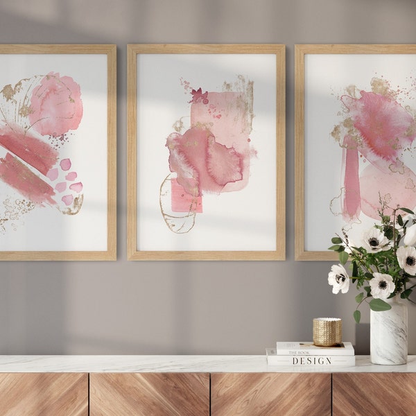 Blush Pink and Gold Abstract Prints, Set of 3, Modern Abstract Art, Dusty Pink Prints, Printable Wall Art, Bedroom Decor, Living Room Decor