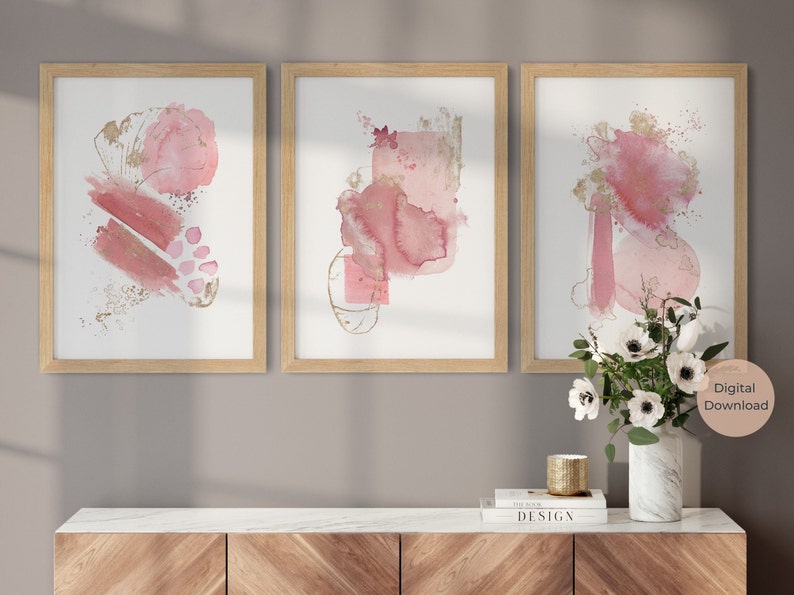Blush Pink and Gold Abstract Prints, Set of 3, Modern Abstract Art ...