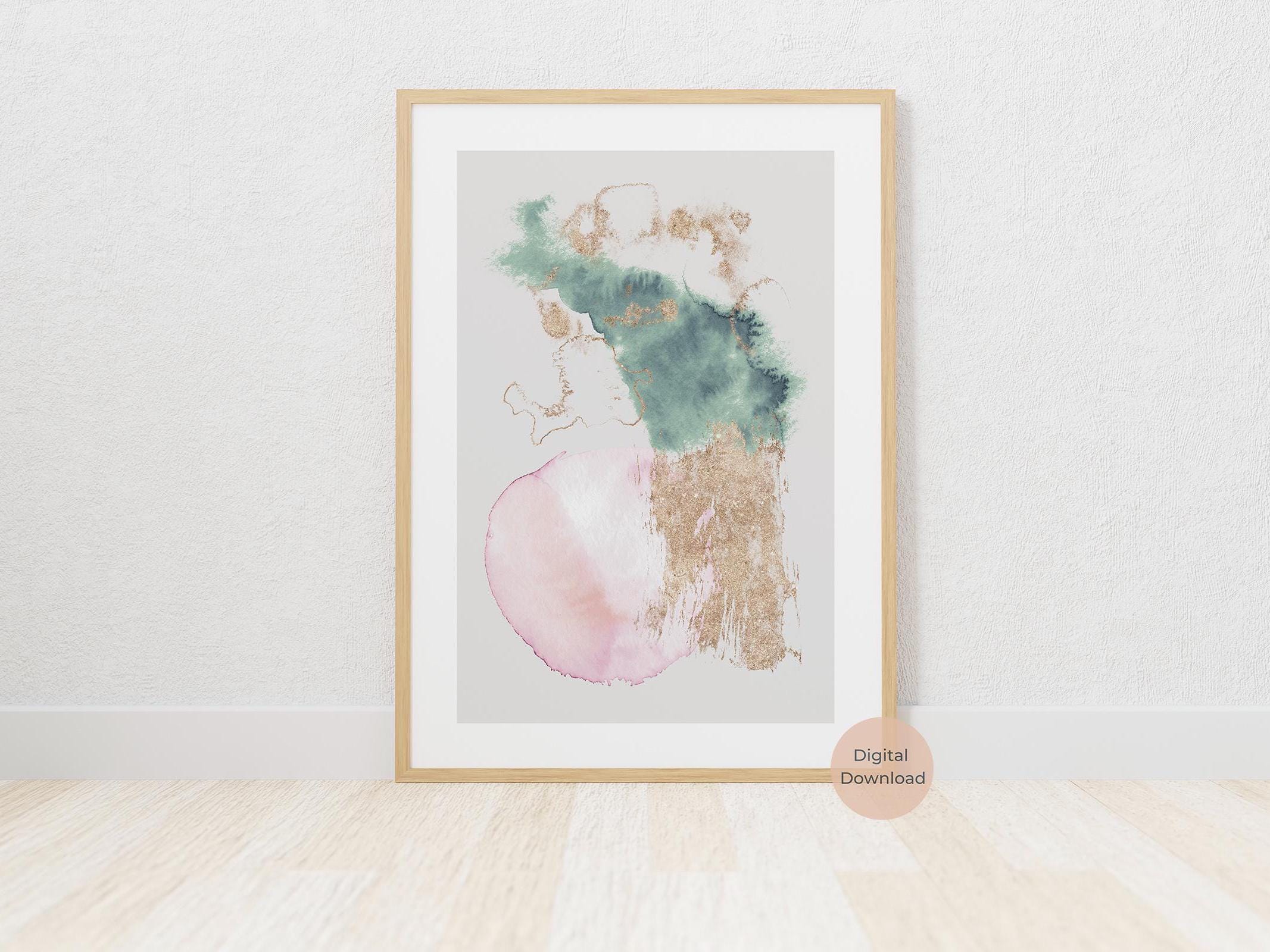 Sage Green and Pink Abstract Wall Art, Set of 3, Blush Pink and Gold ...