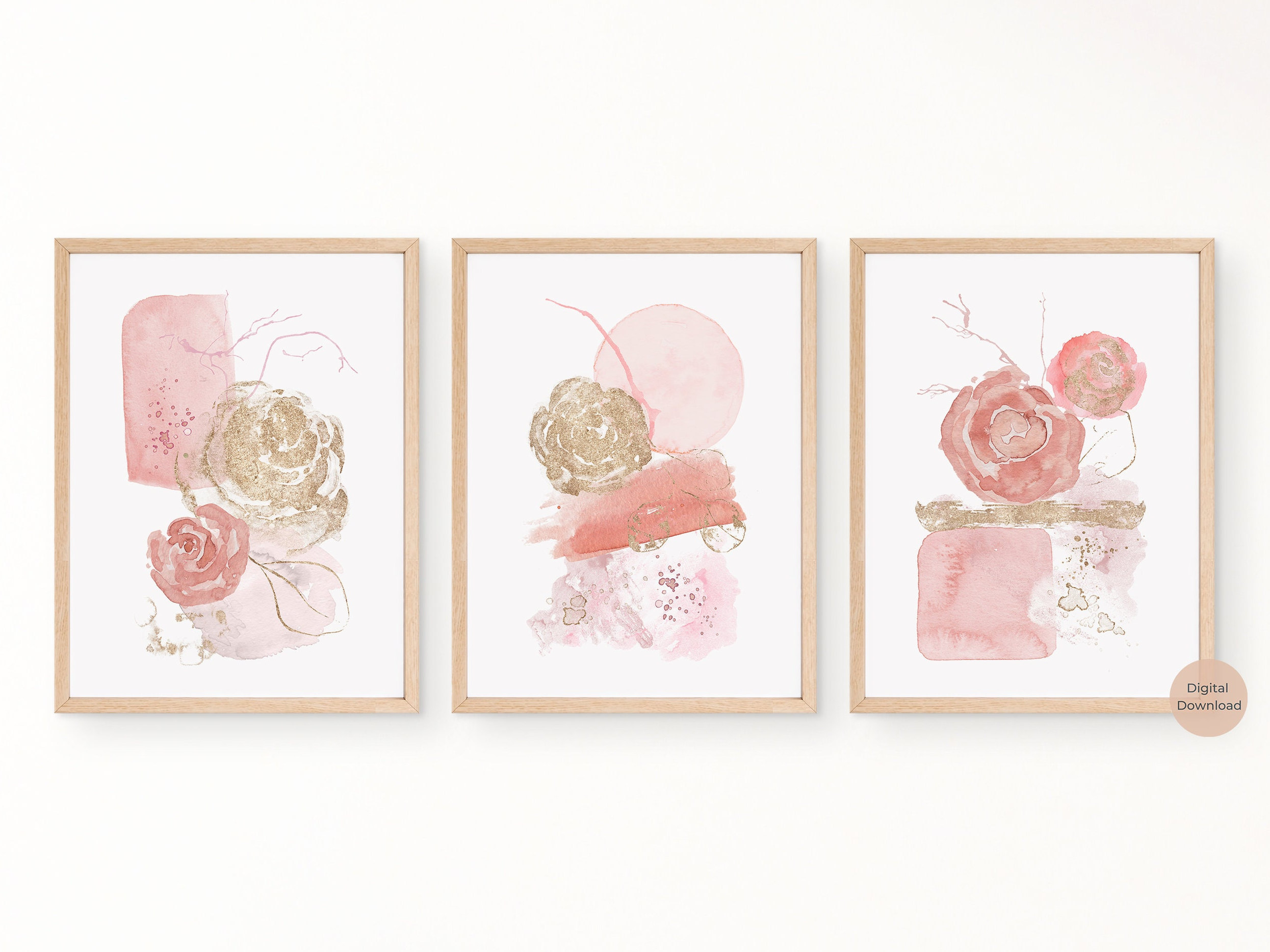 Floral Blush Pink and Gold Abstract Prints, Set of 3, Modern Wall Art ...