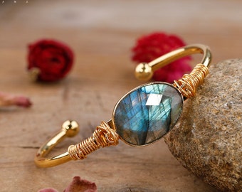 Fashion Women Flash Labradorite Stone Cuff Bracelet, Natural Stone Gold Copper Bangle For Women, Labradorite Jewelry Gift Dropship