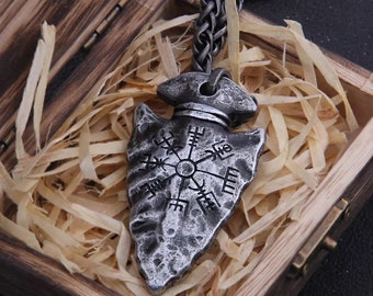 Helm of Awe and “Viking Vegvisir” Iron Color Viking spear Pendant Necklace with Stainless Iron