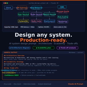 Puede incluir: Gráfico oscuro con un diagrama de diseño de sistema, incluyendo API Gateway y Load Balancer. Texto: "Design any system. Production-ready." y "Claude AI Prompt."