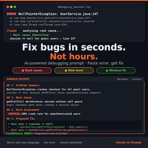 Peut inclure: Une interface sombre affiche du code et des informations de débogage. Le texte indique "Corrigez les bugs en quelques secondes. Pas en heures." Des boutons indiquent "Cause racine", "Niveau de risque" et "Correction minimale".