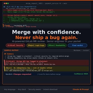 Peut inclure: Capture d'écran de code avec le texte "Merge with confidence. Never ship a bug again." L'image comprend des extraits de code, un résumé et un verdict avec un niveau de confiance élevé. Le thème est le développement logiciel et la revue de code.