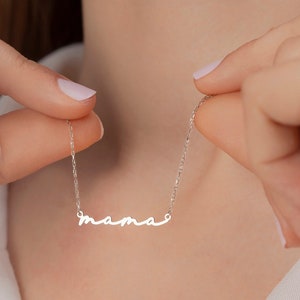 14K Solid Gold Mama Necklace, Handmade Real White Gold Choker, Mother&#39;s Day Gifts for Wife New Mom Grandma, LMNS