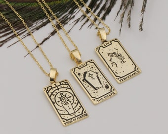 Gold The Wheel of Fortune Temperance Death Tarot Card Necklace, Zodiac Pendants, Cute Astrology Jewelry, Spiritual Everyday Necklace for Her