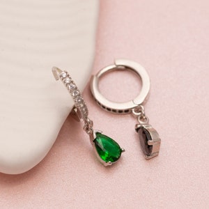 Green Emerald Earrings, Dangle Huggie Hoops, Cute Drop Earrings with Zirconia, Anniversary Christmas & Birthday Gifts For Women Moms Brides