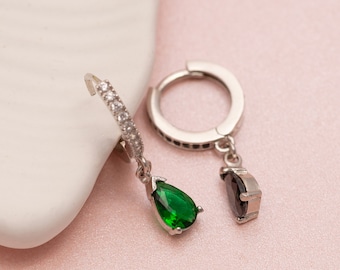 Green Emerald Earrings, Dangle Huggie Hoops, Cute Drop Earrings with Zirconia, Anniversary Christmas & Birthday Gifts For Women Moms Brides