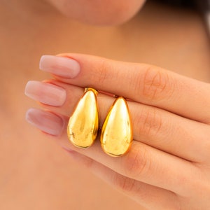 Gold Teardrop Earrings, Stainless Steel Bottega Huggie Hoops, Simple Chunky Drops, Anniversary & Mothersday Gifts For Her Mom Grandma BE1