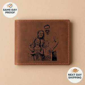 May include: A brown leather wallet with a family portrait engraved on the front. The wallet is rectangular with a stitched border. The family portrait depicts two adults and two children. The wallet has a Same Day Proof and Next Day Shipping badge.