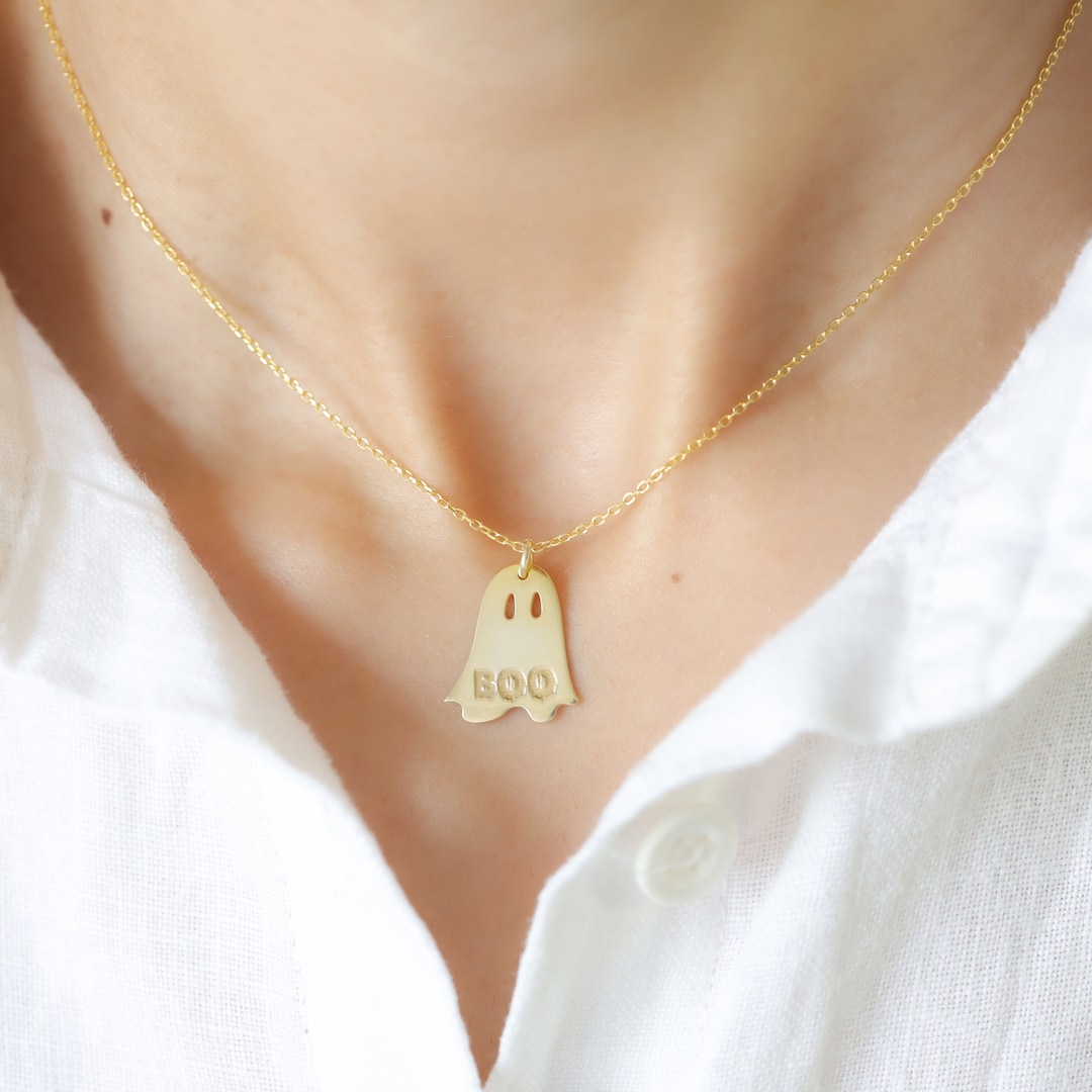 14K Gold & Silver Halloween Spooky Boo Necklace, Dainty Friendly Ghost ...