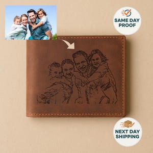 May include: A brown leather wallet with a family portrait etched on the front. The wallet has a rectangular shape and a stitched border. The image shows a family of four. The top right corner has a "SAME DAY PROOF" sticker.