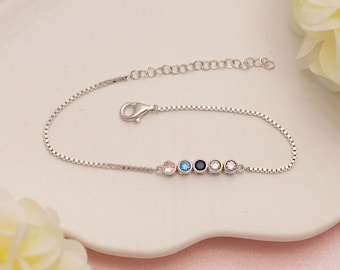 Silver Gold Birthstone Bracelet, Personalized Jewelry, Family Gemstone Chain Bracelet, Christmas Birthday Gifts For Her Women Moms and Men