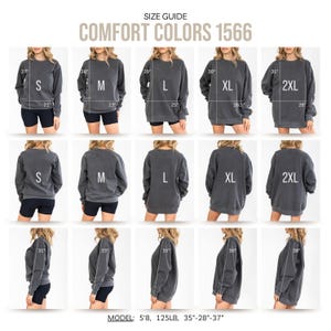 The image is a size guide for COMFORT COLORS 1566 sweatshirts, showing the different sizes available in a collage of 12 images.