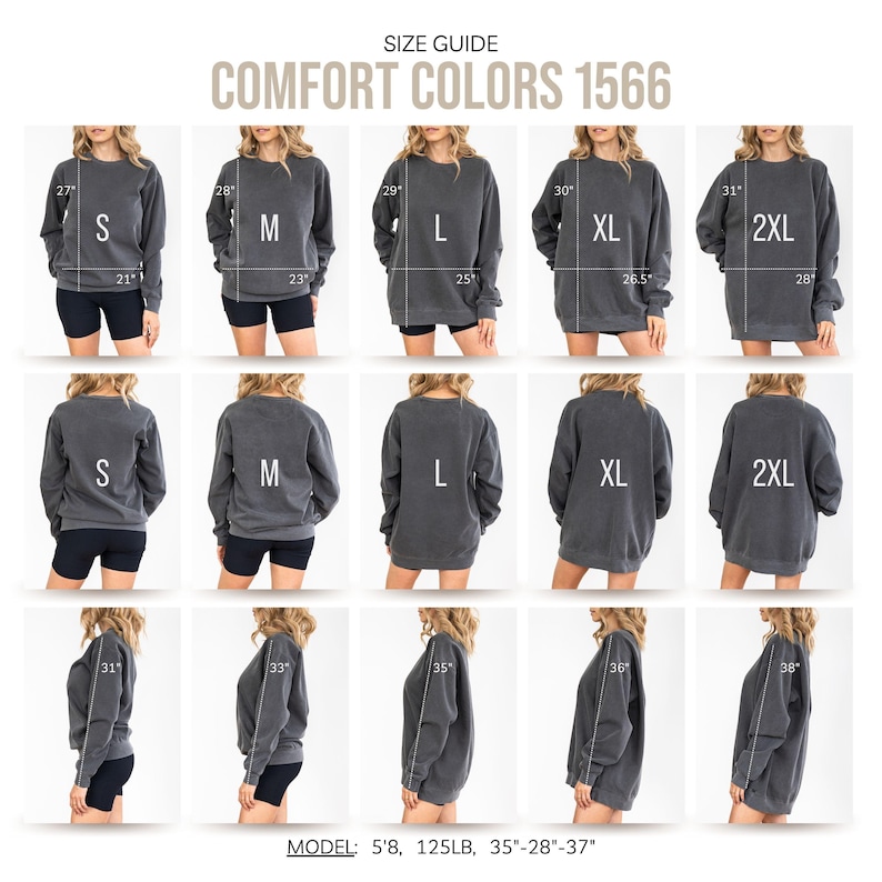 The image is a size guide for COMFORT COLORS 1566 sweatshirts, showing the different sizes available in a collage of 12 images.