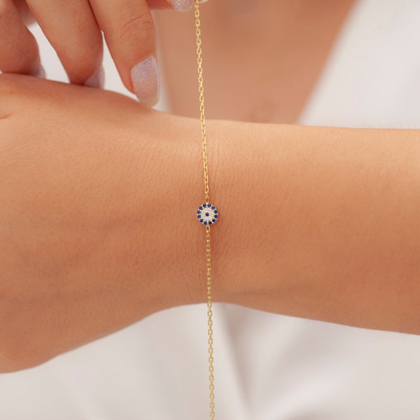 14K Gold Protection Evil Eye Bracelet, Dainty Silver Kabbalah Jewelry, Christmas & Birthday Gifts For Her Women Mom, LEB01