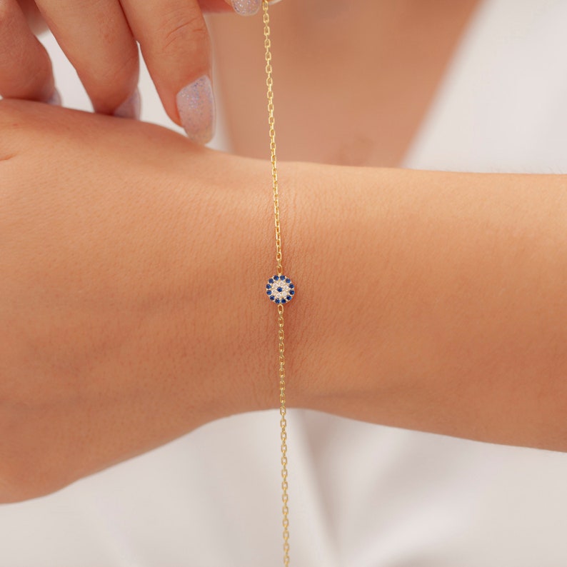14K Gold Protection Evil Eye Bracelet, Dainty Silver Kabbalah Jewelry, Christmas & Birthday Gifts For Her Women Mom, LEB01 image 1