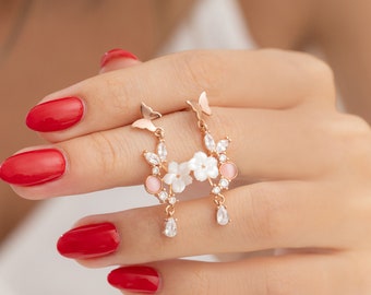 Dangling Pink Flower Earring, Magnolia Huggie Earrings, Everyday Butterfly-Flower Drops, Valentines day Gifts For Her Women Wife Girlfriend
