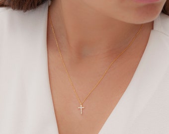 14K Gold Dainty Cross Necklace, Silver Cross Pendant, Communion & Baptism Gifts for Her Mom, LCN01