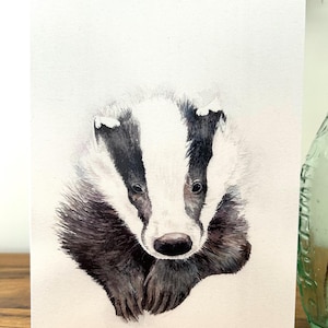 Wildlife badger greetings card A5 blank. Gift card for animal lovers. Badger cub watercolour print blank card.