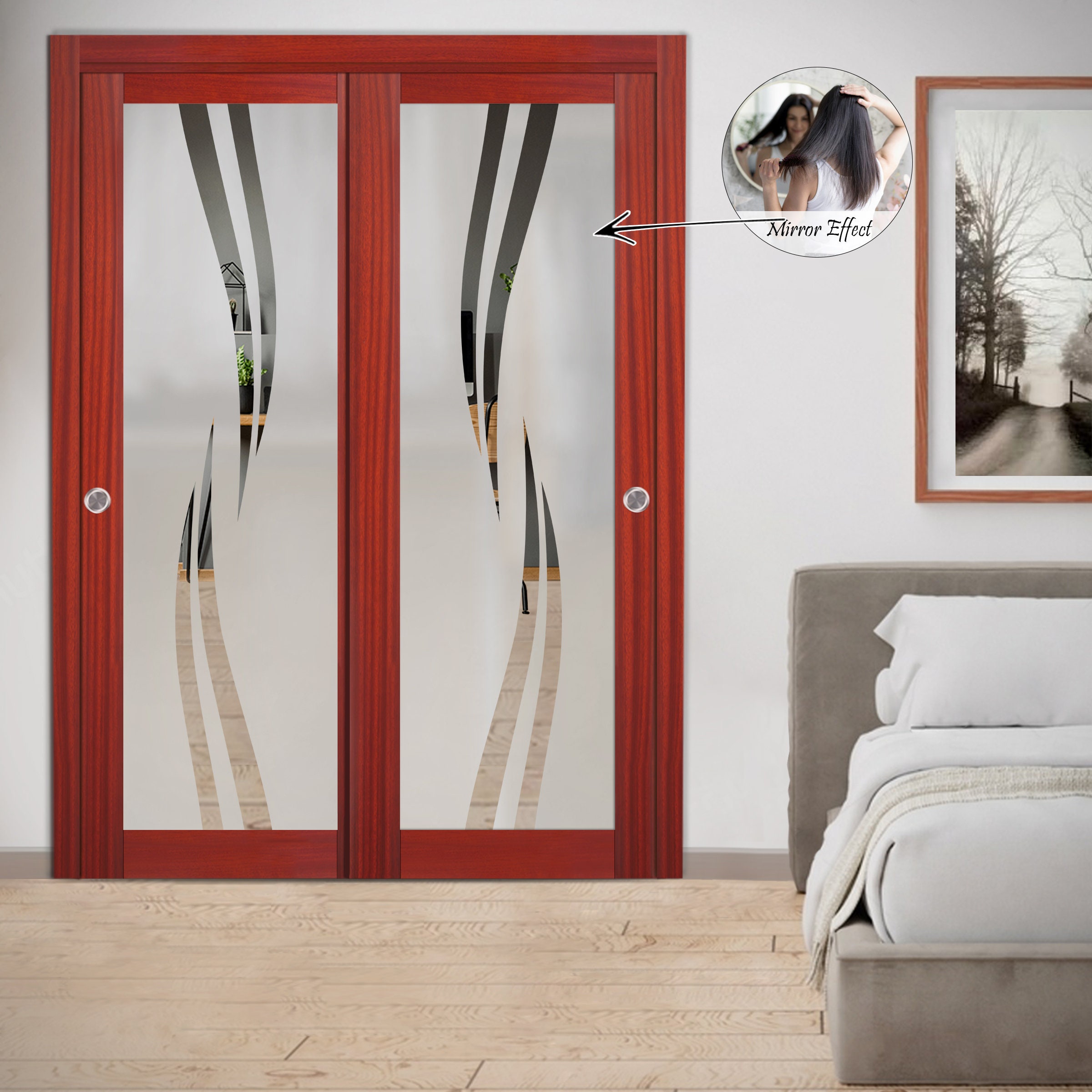 Mahogany Solid Wood Bypass Closet Doors With Various Frosted Etsy