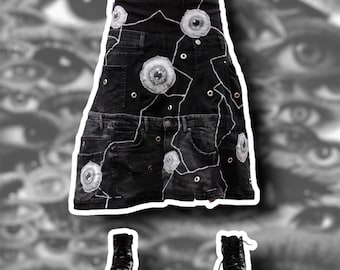 Repurposed Denim Skirt: Hand-Painted Eyes, Punk Style